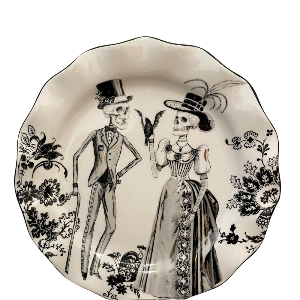Halloween VICTORIAN SKELETON Salad Plate Set of 4 Scalloped POTTER'S STUDIO New